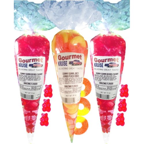 Red Gummy Bears (2) Wild Cherry (1) Juicy Jumbo Peach Rings (NET WT 32 OZ) Gourmet Kruise Signature Gift Bags Gummi