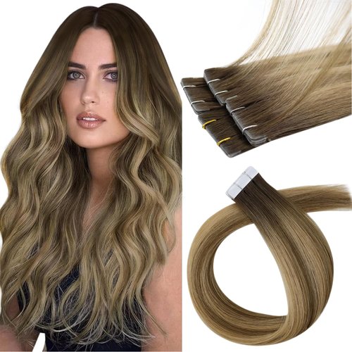 Sunny Hair Injected Tape in Hair Extensions 5Pcs Virgin Human Hair Tape in Extensions Invisible Injection Tape in Hair Extensions Dark Brown to Medium Brown Highlight Caramel Blonde 16inch