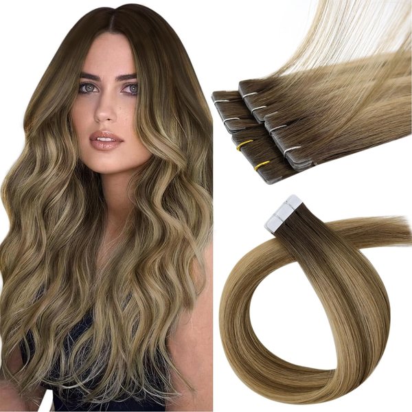 Sunny Hair Injected Tape in Hair Extensions 5Pcs Virgin Human Hair Tape in Extensions Invisible Injection Tape in Hair Extensions Dark Brown to Medium Brown Highlight Caramel Blonde 16inch