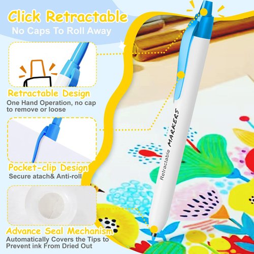 Click Retractable Markers, 12 Color Click Washable Markers for Kids, Retractable Water-Based Markers for Kids, Clickable Coloring Markers for School Supplies, Art Craft Supplies Gifts for Boy Girls