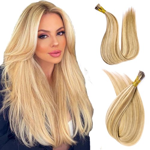 MioYio I Tip Hair Extensions Human Hair 30G/Pack Virgin Hair Itip Human Hair Extensions Dark Blonde to Highlighted Blonde Pre Bonded I Tip Real Hair Extensions Long Straight #18/613 14Inch