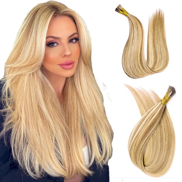 MioYio I Tip Hair Extensions Human Hair 30G/Pack Virgin Hair Itip Human Hair Extensions Dark Blonde to Highlighted Blonde Pre Bonded I Tip Real Hair Extensions Long Straight #18/613 14Inch