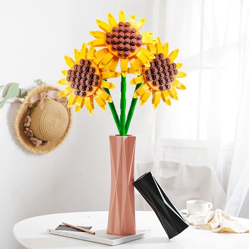 MEIEST Building Blocks Flower Bouquet Plant kit,Creative Artificial Flowers Botanical Collection Construction Building Bricks Toy,Eternal Flowers Home Decor (3 Packs Sunflower)