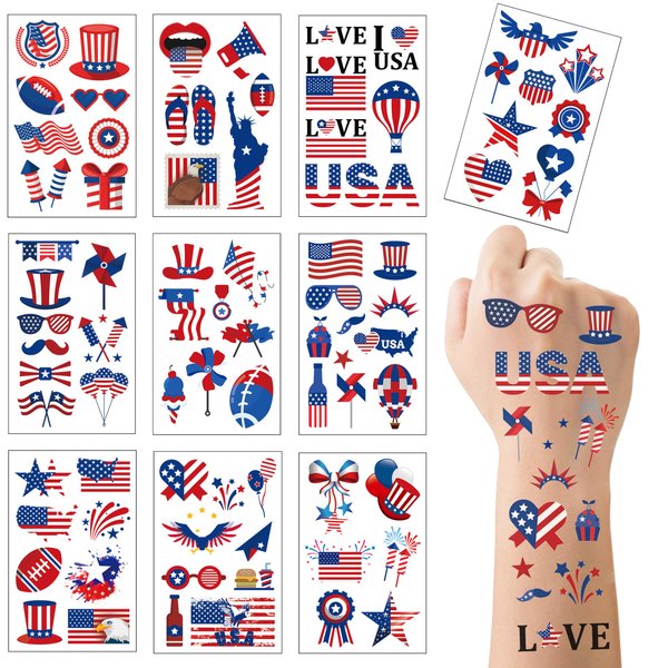 90Pcs 4th of July Temporary Tattoos,Patriotic Face Stickers,Independence Day Accessories,American Flag Red White Blue Design Fake Tattoo Stickers (Patriotic1)