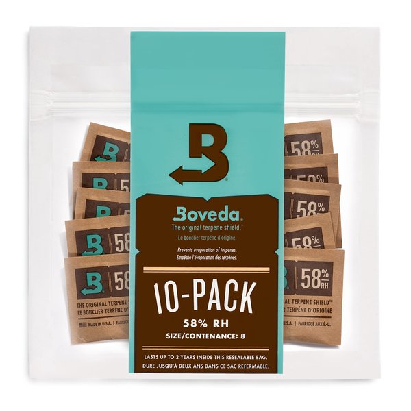 Boveda 58% Two-Way Humidity Control Packs For Storing 1 oz – Size 8 – 10 Pack – Moisture Absorbers for Small Storage Containers – Humidifier Packs – Hydration Packets in Resealable Bag