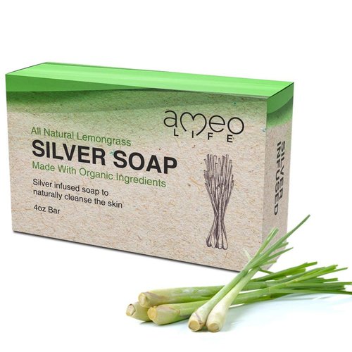 Ameo Life Lemongrass Silver Soap with 30 ppm Silver - Naturally Cleanses the Skin, 4 oz Colloidal Silver Soap Bar for Women and Men