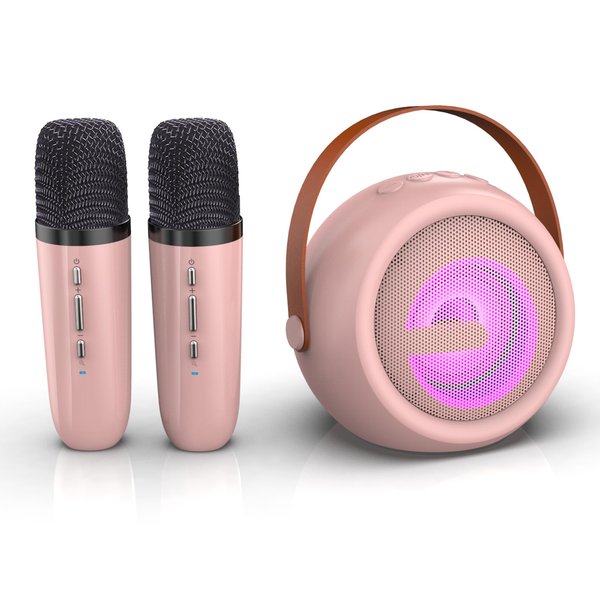 Kids Karaoke Machine, Portable Bluetooth Speaker with 2 Wireless Microphone (Pink)