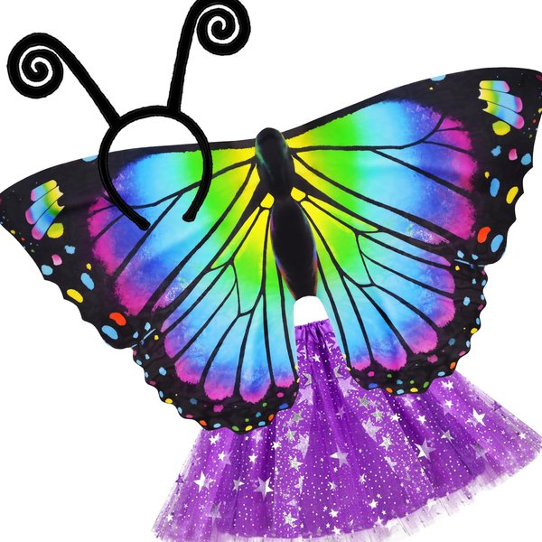 iROLEWIN Toddlers Kids Butterfly-Wings-Costume for Girls Halloween Costumes Fairy Butterfly Cape Rainbow Tutu Headband