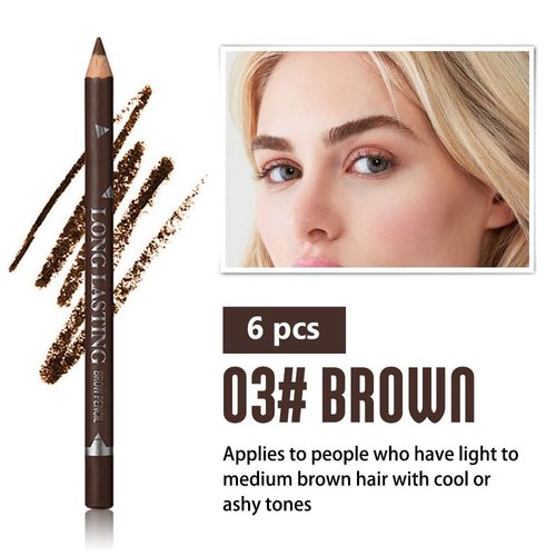 6Pcs brow pencil, wooden hard-core eyebrow pencils, eyebrow pencil medium brown, eyebrow and eyeliner pencils, waterproof and sweat-proof, beginner makeup eyebrow pencil, medium brown