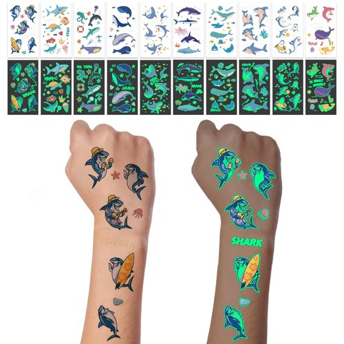 10 Sheets Luminous Shark Temporary Tattoos for Kids,Glow in the Dark Shark Fake Tattoos Stickers Ocean Animal Birthday Party Favors Supplies for Kids Boys Girls Birthday Gifts