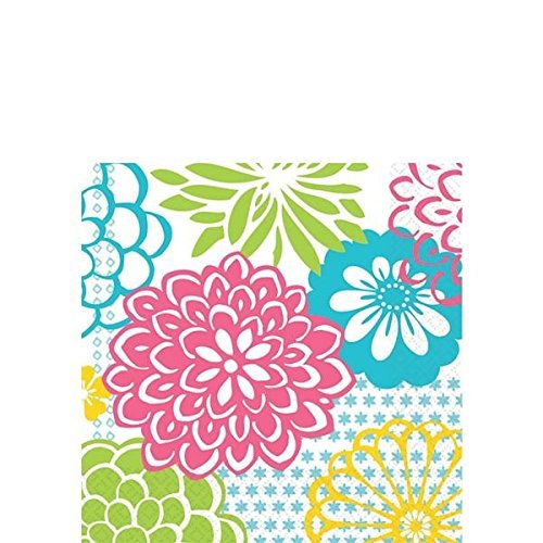 Amscan Decorative Floral Fireworks Party Beverage Paper Napkins (16 Pack), 5 x 5, Multicolored