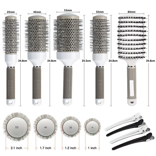 Round Brush Set for Blow Drying, with Boar Bristle Vented Curved Detangling Hair Brush, Thermal Ceramic & Ionic Tech Reduce Frizz Hair, Makes Hair More Smooth and Shiny for Curling & Straightening