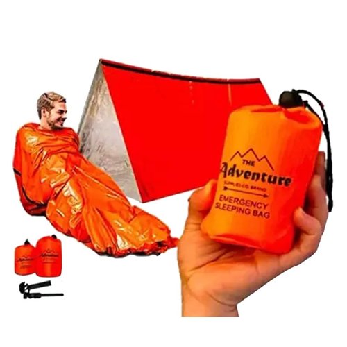 Emergency Sleeping Bag & Tent Shelter, Stocking Stuffer! Combo Prepper kit Survival Tent, Bivy Sack Tent, Sleeping Bag, Fire Starter + Whistle, Mylar Thermal Adventure Supply Co.