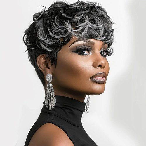 Short Wigs for Black Women Grey Pixie Cut Wigs for Women Black Mixed Grey Pixie Wigs With Bangs S...
