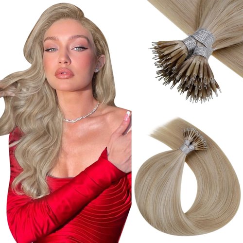 Vivien Nano Bead Hair Extensions Highlight Blonde Nano Hair Extensions for Women Ash Blonde #18 Highlight Bleach Blonde #613 Nano Ring Hair Extensions 18 Inch 50g/pack