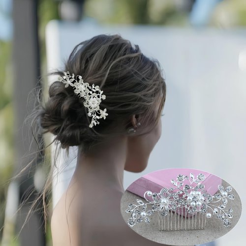 Flower Silver Wedding Hair Comb With Pearls and Crystals Wedding Hair Vintage Hair Forks Accessories Bridal Headpiece for Women and Girls.