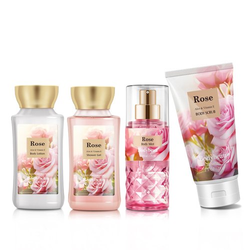 Bath and Body Gift Set for Women & Girls, Rose 4PCS Set for - Shower Gel, Body Lotion, Body Mist, Exfoliating Scrub, Personal Portable Body Care Travel Set for Birthday Christmas New Year Gifts