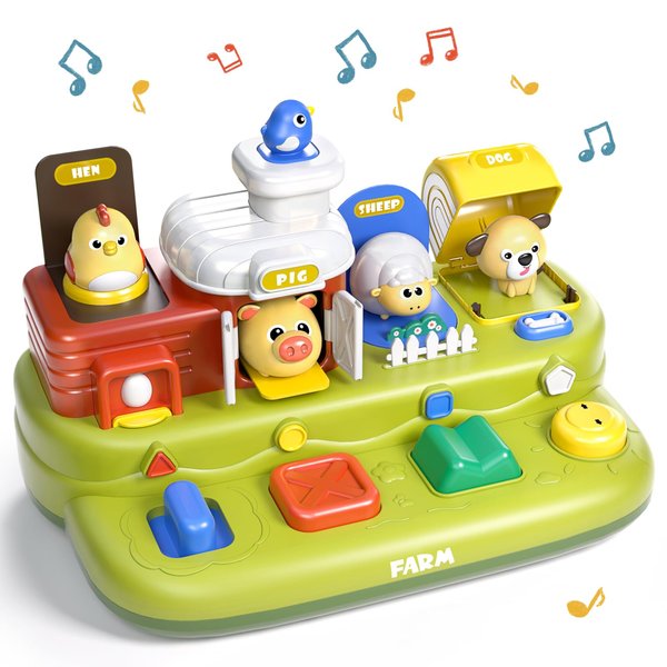 Jovow Pop Farm Animal up Toys, Montessori Cause and Effect Toys for 1 Year Old Boy Girl, Early Learning Toys with Music, STEM Toys Gifts for Infant Baby Toddler 18 Months