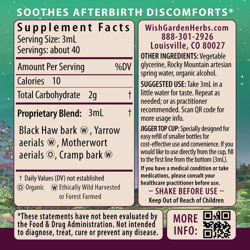 WishGarden Herbs AfterEase for After Birth Contractions - All-Natural Herbal Supplement with Cramp Bark & Black Haw Bark Soothes Afterbirth Contractions & Uterine Cramping, Postpartum Essentials, 4oz