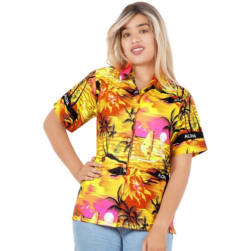 LA LEELA Button Down Shirt for Women Casual Summer Beach Party Colorful Blouses Shirt Blouse Short Sleeve Tropical Vacation Dress Shirts Tank Top Women XL Palm Tree View, Orange