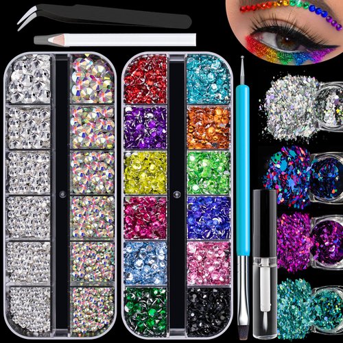 3500pcs Face Gems for Makeup with Glue, Colorful Beads & Round Glass Crystal AB & Clear Gems & Cosmetic Chunky Glitter with Dotting Tools, Eye Jewels for Body Hair Make-up, Nail Art