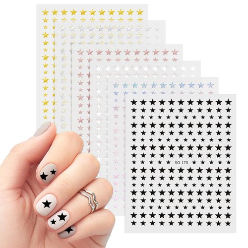 ZEYIYER 6 Sheets Star Nail Stickers, 6 Colors Self-Adhesive Gel Nail Stickers, Nail Art Stickers for Women Girl Nail Decorations, 3D Star Sticker Nail Supplies for Nail Art Design