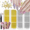 XEAOHESY 2 Boxes Nail Art Beads Gold Silver Mini Metal Nail Caviar Beads with 3 Sizes（0.5mm/0.8mm/1mm） Gold Silver Nail Charms for Women Girls Nail Decorations with Rhinestone Pickup Pen and Tweezers