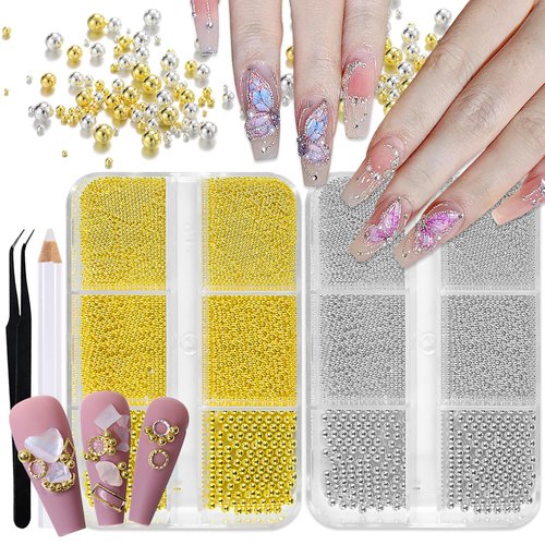 XEAOHESY 2 Boxes Nail Art Beads Gold Silver Mini Metal Nail Caviar Beads with 3 Sizes（0.5mm/0.8mm/1mm） Gold Silver Nail Charms for Women Girls Nail Decorations with Rhinestone Pickup Pen and Tweezers