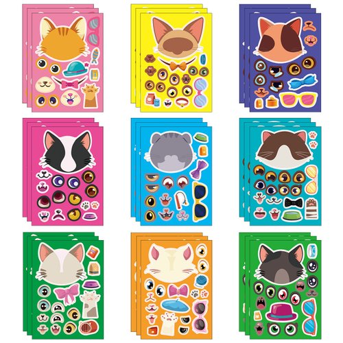 27 Sheets Cat Make a Face Sticker Sheets for Kids Todders Activities, Make Your Own Stickers for Kids Birthday Party Favor Supplies Craft