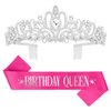 CAVETEE "Birthday Queen" Sash and Rhinestone Tiara Set, Hot Pink Birthday Sash and Birthday Crown Happy Birthday Decorations for Gift Birthday Girl Sash for Party Cake Topper