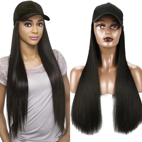 iLUU Baseball Cap with 24"/60cm Synthetic Hair Extensions Black Hat Straight Hair Long Natural Black Hairpiece Attached Hats Hair Pieces Wig for Women Daily Party Use (natural black)