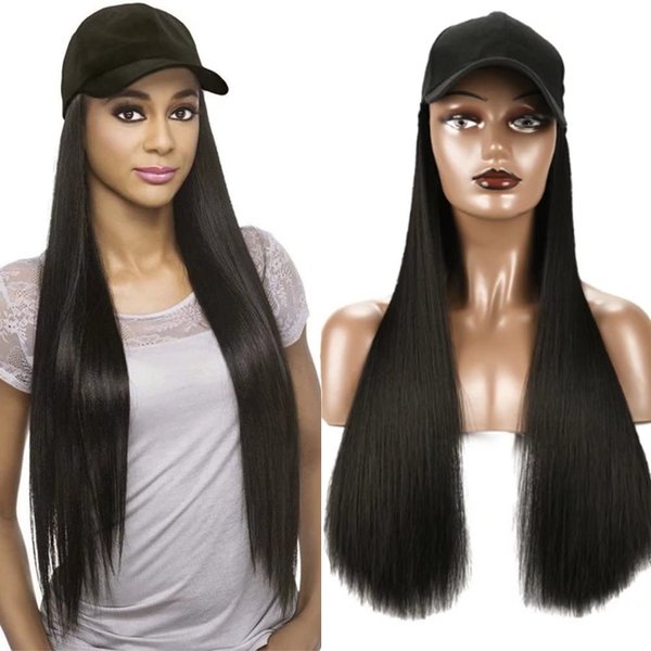 iLUU Baseball Cap with 24"/60cm Synthetic Hair Extensions Black Hat Straight Hair Long Natural Black Hairpiece Attached Hats Hair Pieces Wig for Women Daily Party Use (natural black)
