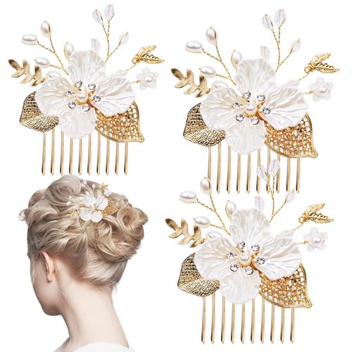 3 PCS Gold Leaf Hair Pins Bride Hair Combs with Pearl Crystals for Victorian Wedding, Princess Style, Flower Girls and Women