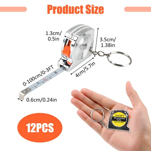 3ft Small Tape Measure Keychain, Portable and Retractable Mini Tape Measure with Slide Lock Mechanism for Daily Use Gadgets or Kids Construction Party Favors Gifting Prize Bag Fillers (12)