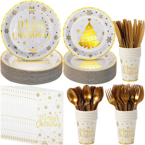 175Pcs Merry Christmas Plates and Napkins Party Supplies,White and Gold Disposable Christmas Tree Snowflake Table Dinnerware Paper Plates Napkins Cups for Holiday Xmas Party Decorations,Serve 25 Guest