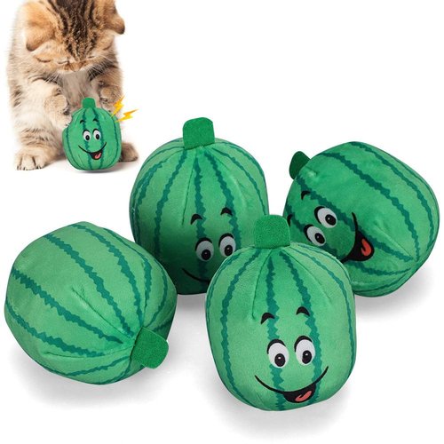 JOROBURO 4Pcs Dog Chew Toy, Pet Soft Plush Watermelon Toy Dogs Cat Squeak Chew Toys, Adorable Green Cartoon Watermelon Shape Pet Sound Toy for Small Dogs Puppies Teething, Playing, Chewing