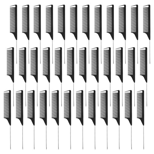 36 Pcs Rat Tail Combs Parting Comb Braiding Comb Steel Pin Rat Tail Comb Carbon Fiber Heat Resistant Comb Hair Stylist Combs for Curly Braiding Styling Hair, Black