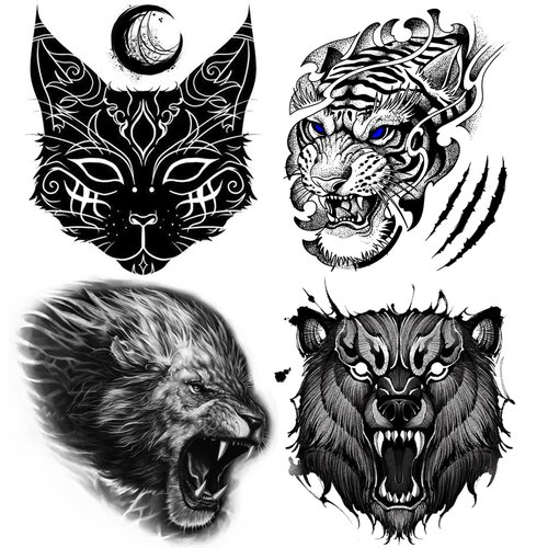 Oottati 4 Sheets Waterproof Hand Back Temporary Tattoo Stickers, Halloween Black Roar Bear Tiger Lion Cat Totem
