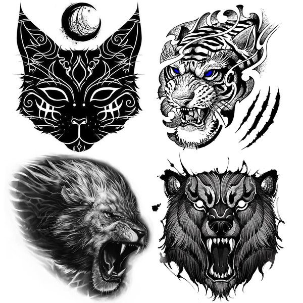Oottati 4 Sheets Waterproof Hand Back Temporary Tattoo Stickers, Halloween Black Roar Bear Tiger Lion Cat Totem
