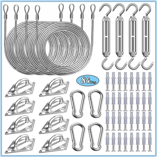 HDYAR 84 Pcs Sun Shade Sail Hardware Kit with Cable Wire Rope for Rectangle Square Triangle Shade Sail Installation, 6 inch 304 Grade Stainless for Garden,Outdoors,DIY Crafts,Railing