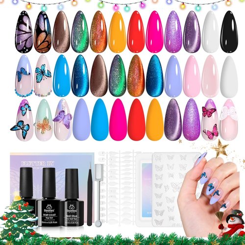 Beetles Cat Eye Gel Nail Polish Set, 15 Colors Gel Polish Nail Kit, Orange Glitter Purple White Blue Sparkle Uv Gel with Base & Top Coat & 3D Silicone Mold Nail Art for Decoration