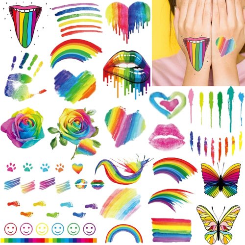 Ooopsi 140PCS Colorful Temporary Tattoos - Rainbow Lips Butterfly Rose Heart Tattoo Body Stickers - Rainbow Pride Tattoos Pride Equality Parades Celebrations (9 Sheets)