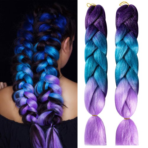 MAQIHAN 2 Pack Jumbo Braiding Hair - 24Inch purple-lake blue-light purple Braiding Hair Synthetic Hair Extensions Rainbow Braiding Hair High Temperature Synthetic braiding hair Wedding Makeup Styling