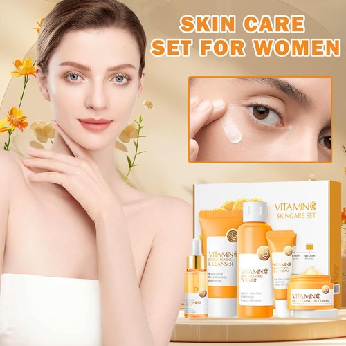 XINGXYUEL Vitamin C Skincare Set for Teenage Girls 5 In 1 Hydration Facial Skincare Gift Set with Cleanser,Toner,Face Serum,Eye Cream,Face Cream,Travel Size Skin Care Products Set for Women