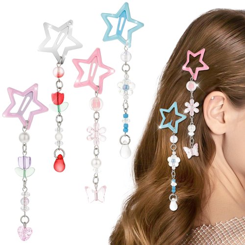 4 Pcs Star Tassels Hair Clips Star Barrettes Pearl Snap Hair Clips Cute Hair Clips Metal Star Hai...