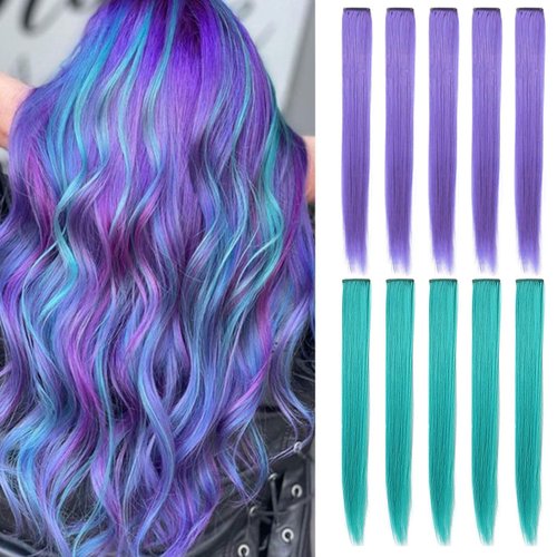 Lavender Pueple&amp;Teal Colorful Hairpieces for Girls Multicolor Highlight Straight Clip in Colored ...