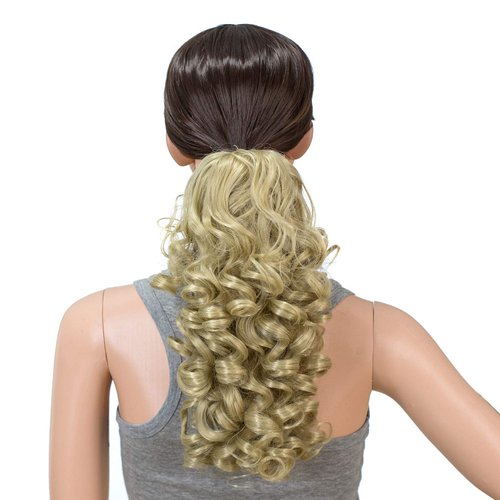 SWACC 12-Inch Short Screw Curls Claw Clip Ponytail Extensions Synthetic Clip in Drawstring Curly Ponytail Hairpiece Jaw Clip Hair Extension (Dark Honey Blonde/Bleach Blonde Mixed- 16/613)