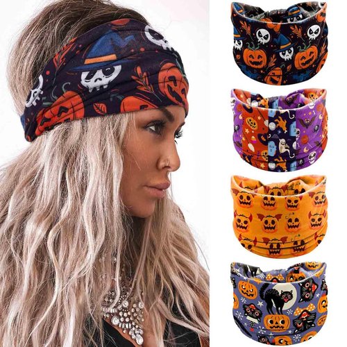 Olbye Headbands for Women Wide Knotted Headband Turban Non Slip Hairbands Elastic Pumpkin Hairband Skull Head Bands Workout Head Wraps Yoga Hair Scarf Ghost Cosplay Halloween Hair Accessories 4Pcs (A)