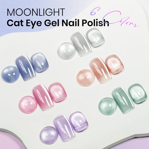 MIZHSE Cat Eye Gel Nail Polish Moonlight 6 Colors Ceramic Magnetic Gel Polish Set with Magnet Stick Crystal Silver Champagne Pink Green Blue Purple Magnetic French Gel Nail Polish Kit Gift Set