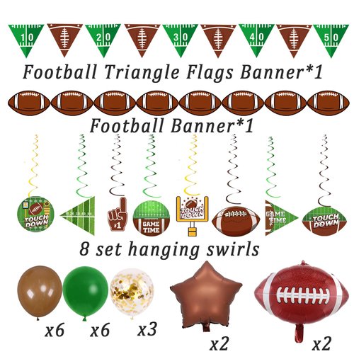 Football Party Supplies Set 2 Football Party Banners 8 Hanging Swirls 2 Football Foil Balloons 2 Brown Star Foil Balloon 15 Latex Balloons Football Game Day Party Decorations Sports Party Decor